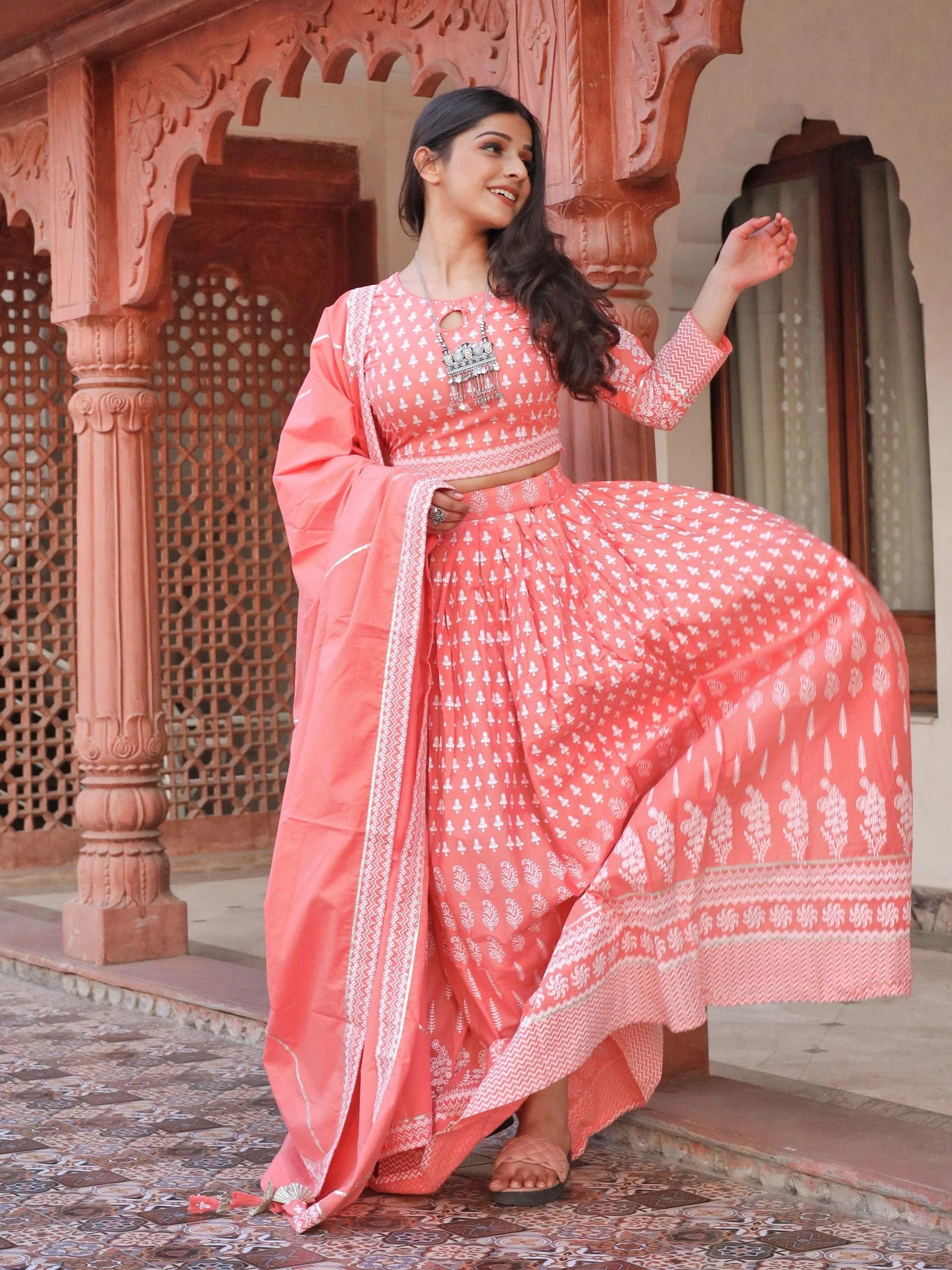 Nalini Pink Printed Crop Top, Lehenga With Dupatta Set